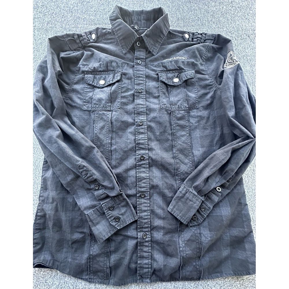 CJ Black Shirt Mens X-Large Black Checkered Button Up Long Sleeve Logo‎ Pockets